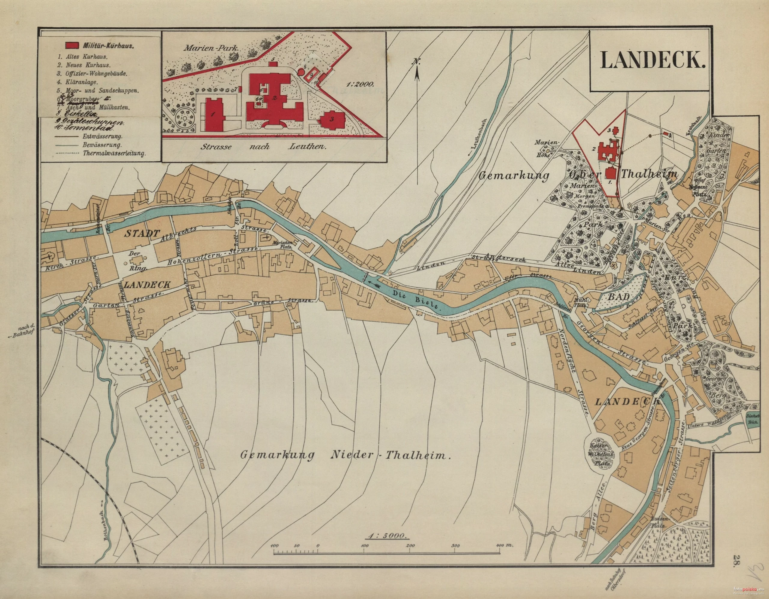 1900 r., plan Lądka Zdroju z naniesionymi obiektami militarnymi. Źródło: Fotopolska.eu