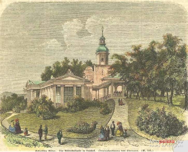 Hala spacerowa Albrechtshalle z widokiem na kaplicę zdrojową Najświętszej Maryi Panny na Pustkowiu - widok z 1880 r. / Fotopolska.eu